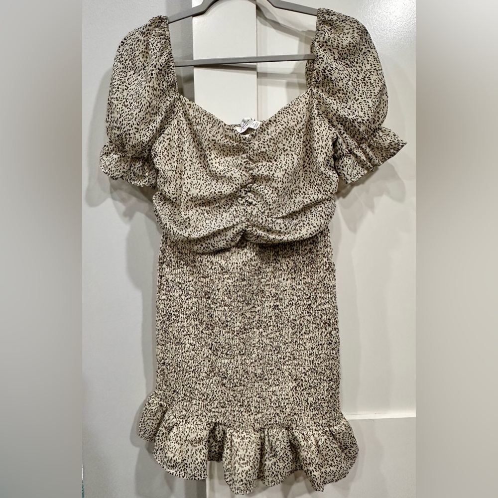 NEW with Tags! Taupe Wild Card Printed Smocked Dress Size Medium, She + Sky